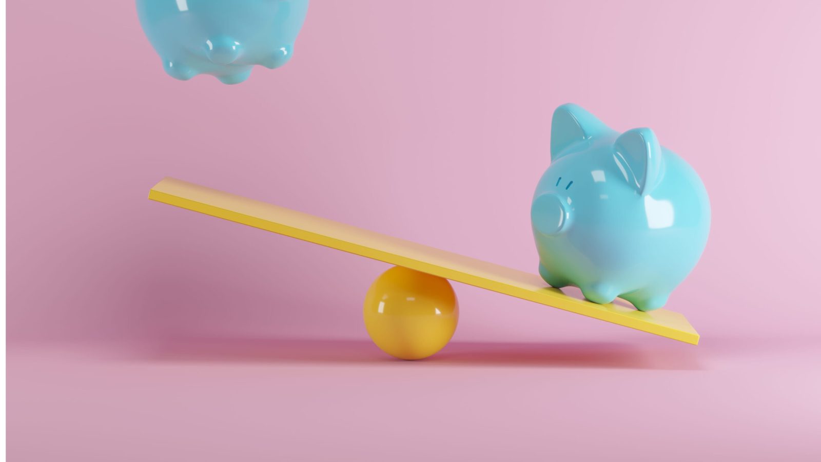 Blue piggys bank playing with yellow seesaw on pink background. minimal idea funny concept.