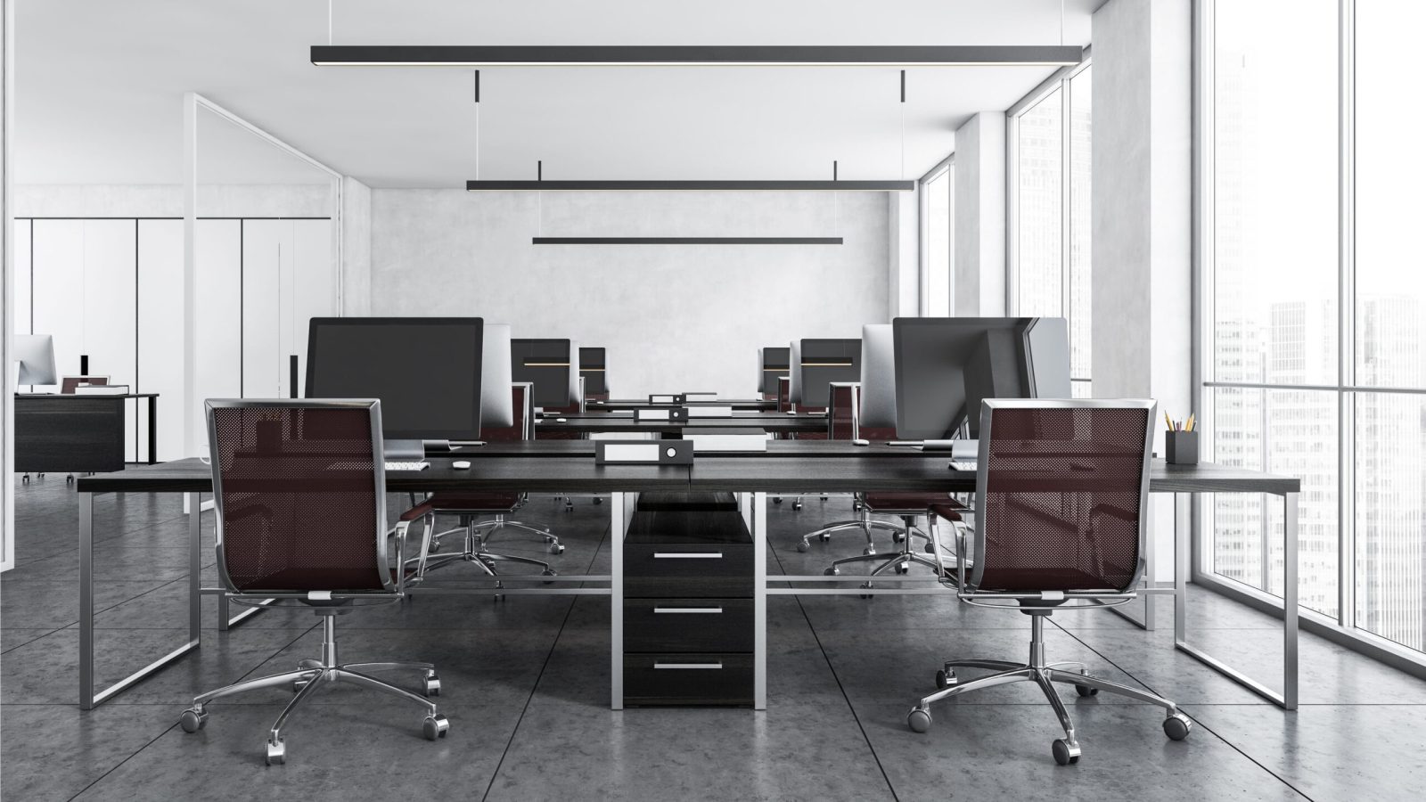 Office room with armchairs and computers on the tables near windows. Light gray office room with modern minimalist furniture, 3D rendering no people