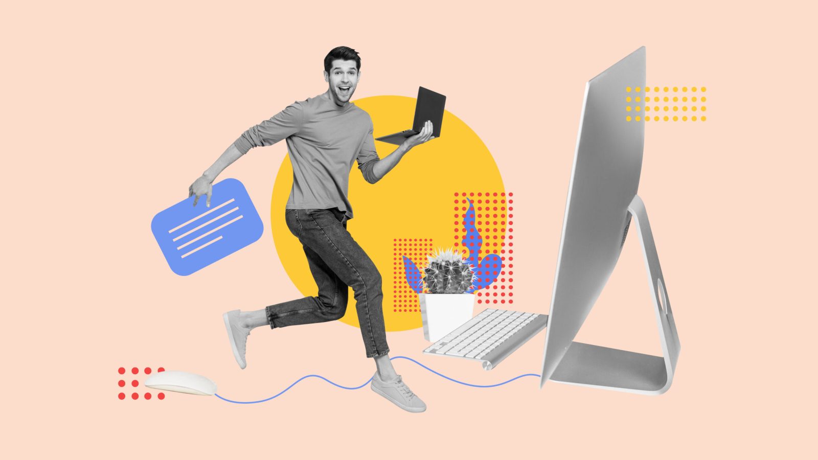 Trend artwork sketch image photo collage of business worker remote workspace computer monitor keypad mouse sms young man run hold laptop