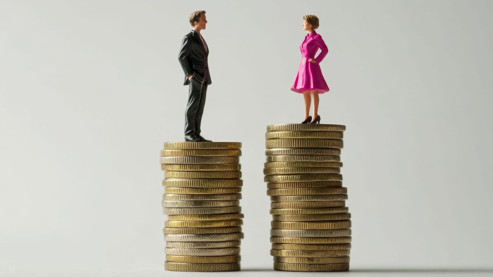 Miniature figures of a businesswoman and businessman on coin stacks representing gender and wealth
