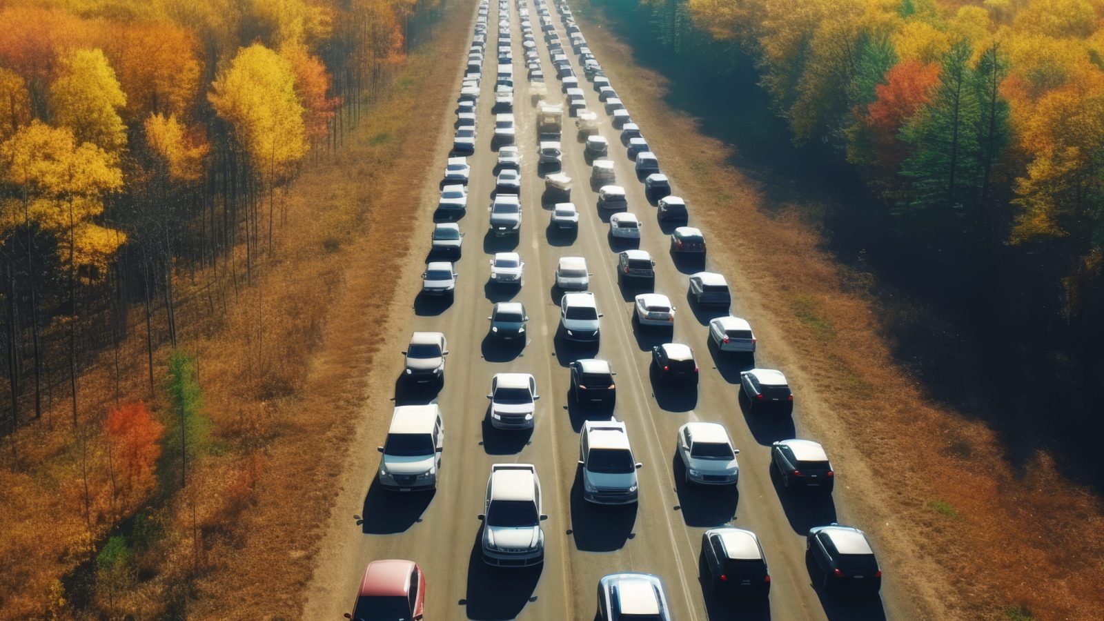 Urban landscape. aerial view of busy metropolis traffic with many cars driving on road