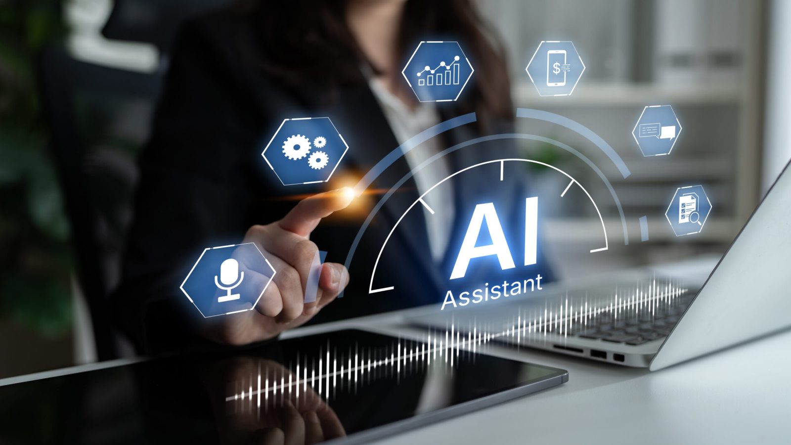 Digital AI assistant interface with task flow, voice, automation and analytics shown in intelligent system overview. Corpus