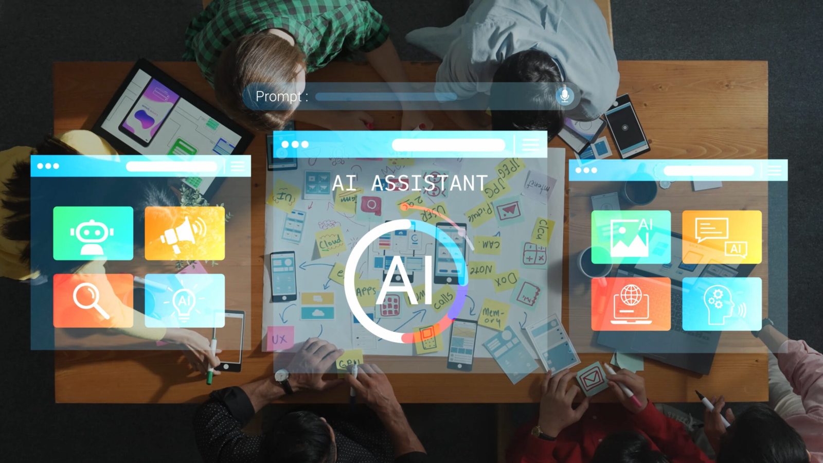 Group Collaboration on Digital Project with AI Assistant Interface Displaying Innovative Ideas and Concepts on Wooden Table in Modern Workspace Gluon.